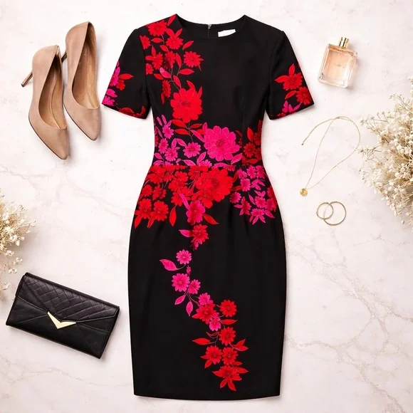 London Times | Black Floral Sheath Dress | Red Pink | Short Sleeve | Size 12 - Picture 2 of 6